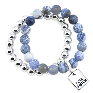 Bracelet Duo! 10mm Bright Blue Agata Tourmaline & 8mm Silver bead bracelet stacker set - SOUL SISTER (12044)