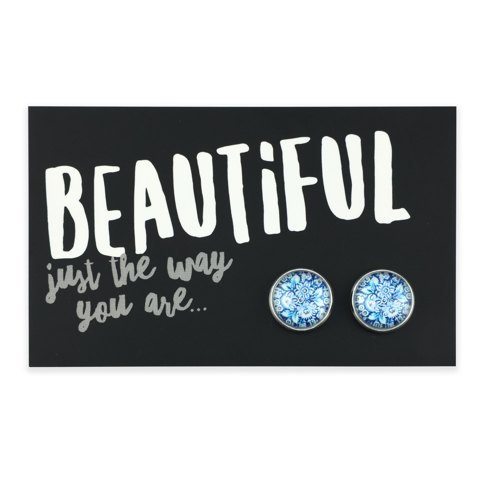 FLORAL WONDERS  - Beautiful Just The Way You Are - Bright Silver 12mm Circle Studs - BLUE BUDS (10234)