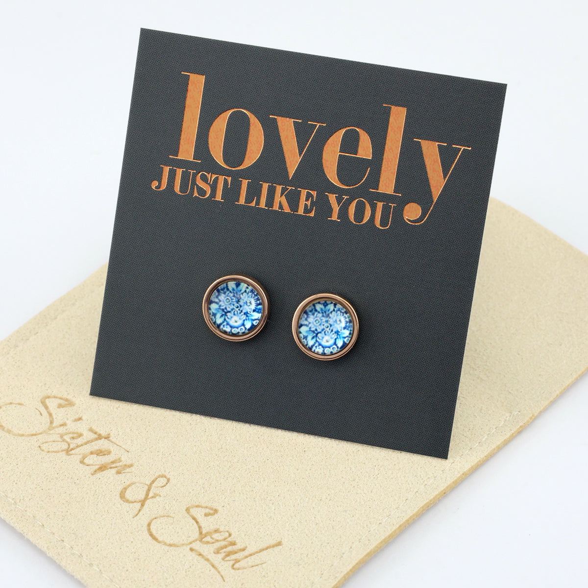 FLORAL WONDERS - BLUE BUDS - Lovely Just Like You - 8mm Stainless Steel Circle Studs Rose Gold (9916-R)