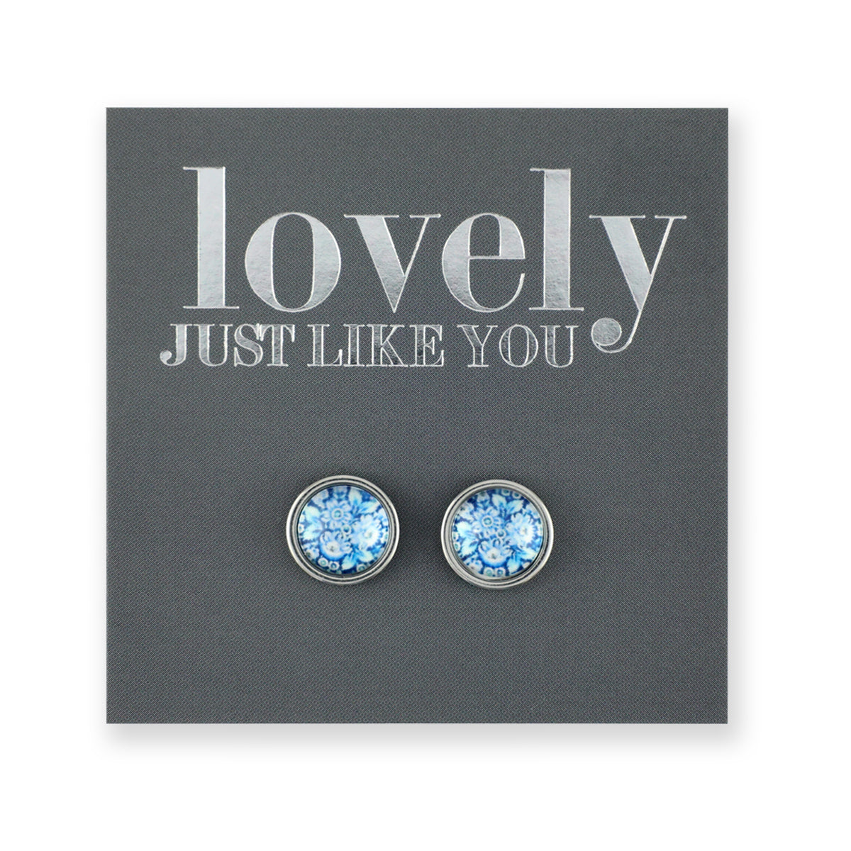 FLORAL WONDERS - Lovely Just Like You - 8mm Stainless Steel Circle Studs Silver - BLUE BUDS (9911-F)