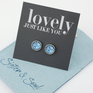 FLORAL WONDERS - Lovely Just Like You - 8mm Stainless Steel Circle Studs Silver - BLUE BUDS (9911-F)