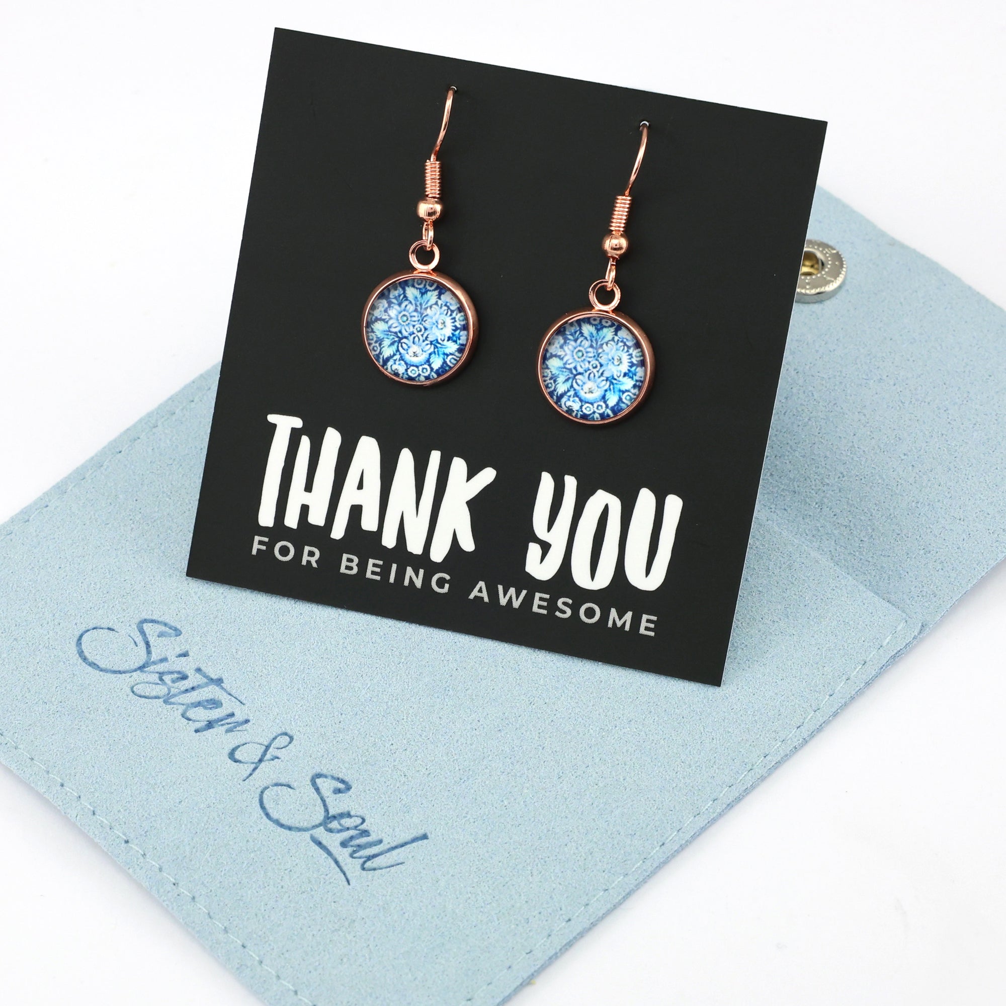 FLORAL WONDERS - Thank You For Being Awesome - Rose Gold Dangle Earrings - BLUE BUDS (10923)