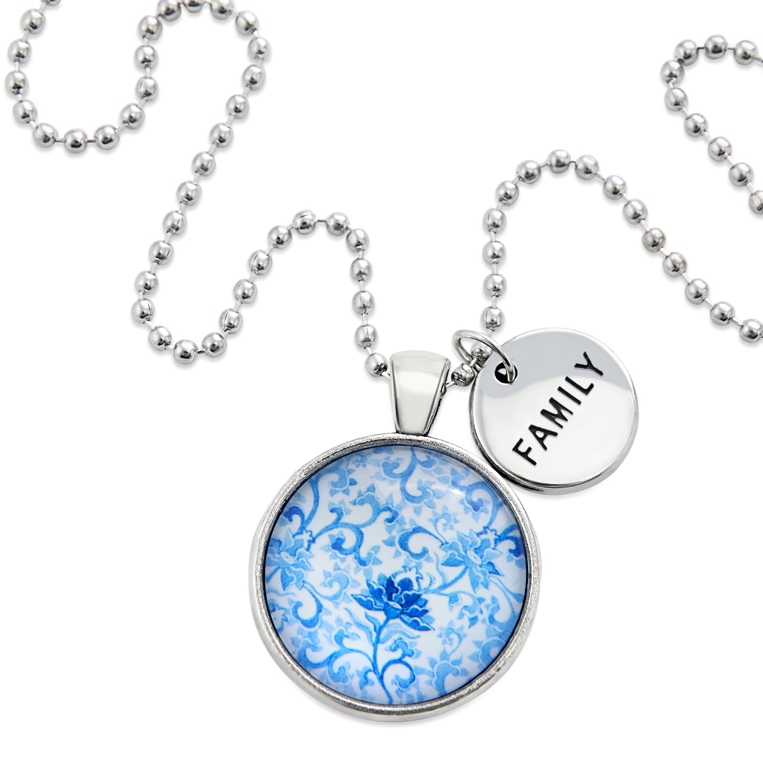 Blue Collection - Vintage Silver 'FAMILY' Necklace - Blue Fleur (10743)