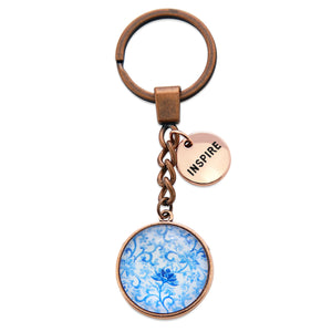 Blue Collection - Vintage Rose Gold 'INSPIRE' Keyring - Blue Fleur (10321)