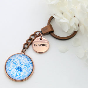 Blue Collection - Vintage Rose Gold 'INSPIRE' Keyring - Blue Fleur (10321)