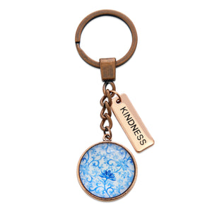 Blue Collection - Vintage Rose Gold 'KINDNESS' Keyring - Blue Fleur (10765)