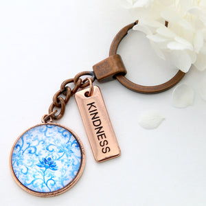 Blue Collection - Vintage Rose Gold 'KINDNESS' Keyring - Blue Fleur (10765)