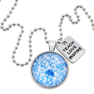 Blue Collection - Vintage Silver 'TEACH LOVE INSPIRE' Necklace - Blue Fleur (10111)