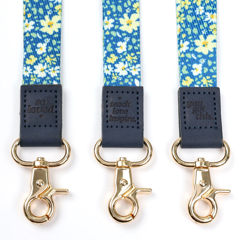 blue floral teacher lanyard with gold clip. Choose from so loved, teach love inspire or you got this. 