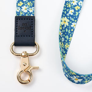 blue floral teacher lanyard with gold clip. Choose from so loved, teach love inspire or you got this. 