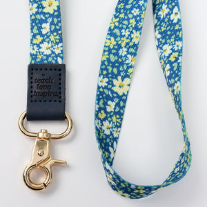 blue floral teacher lanyard with gold clip. Choose from so loved, teach love inspire or you got this. 