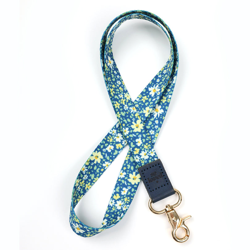 blue floral teacher lanyard with gold clip. Choose from so loved, teach love inspire or you got this. 