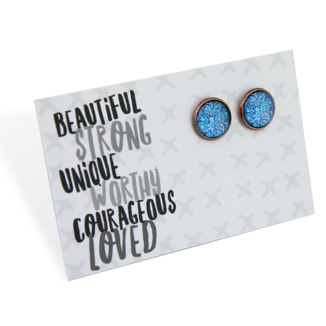 Blue Collection - Beautiful Strong Unique - Vintage Copper 12mm Circle Studs - Blue Paisley (12144)