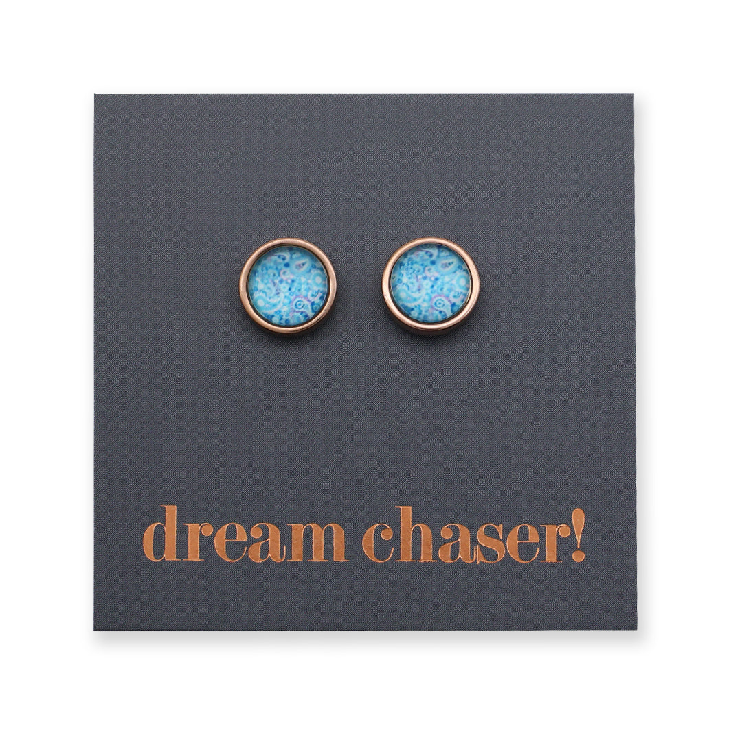 Heart & Soul Collection - BLUE PAISLEY - Dream Chaser - 8mm Stainless Steel Circle Studs Rose Gold (9911-R)