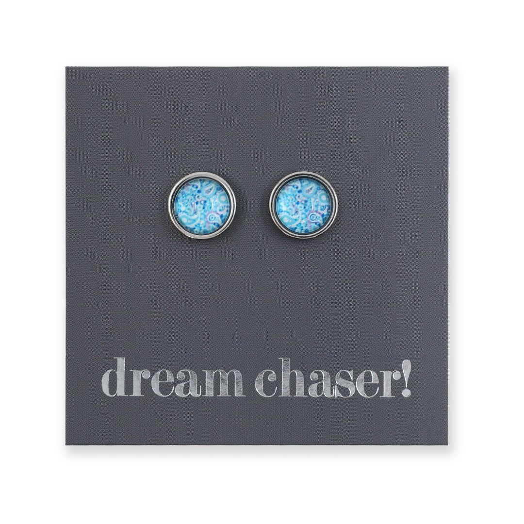 HEART & SOUL Collection - BLUE PAISLEY - Dream Chaser - 8mm Stainless Steel Circle Studs Silver (9907-R)