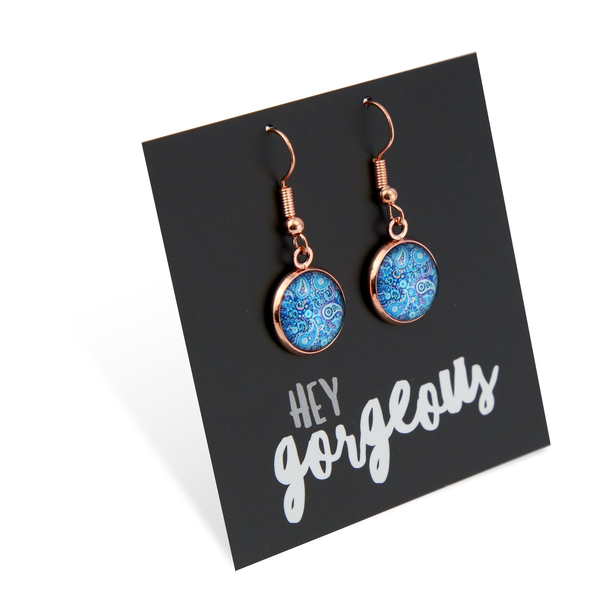 Blue Collection - Hey Gorgeous - Rose Gold Dangle Earrings - Blue Paisley (12132)