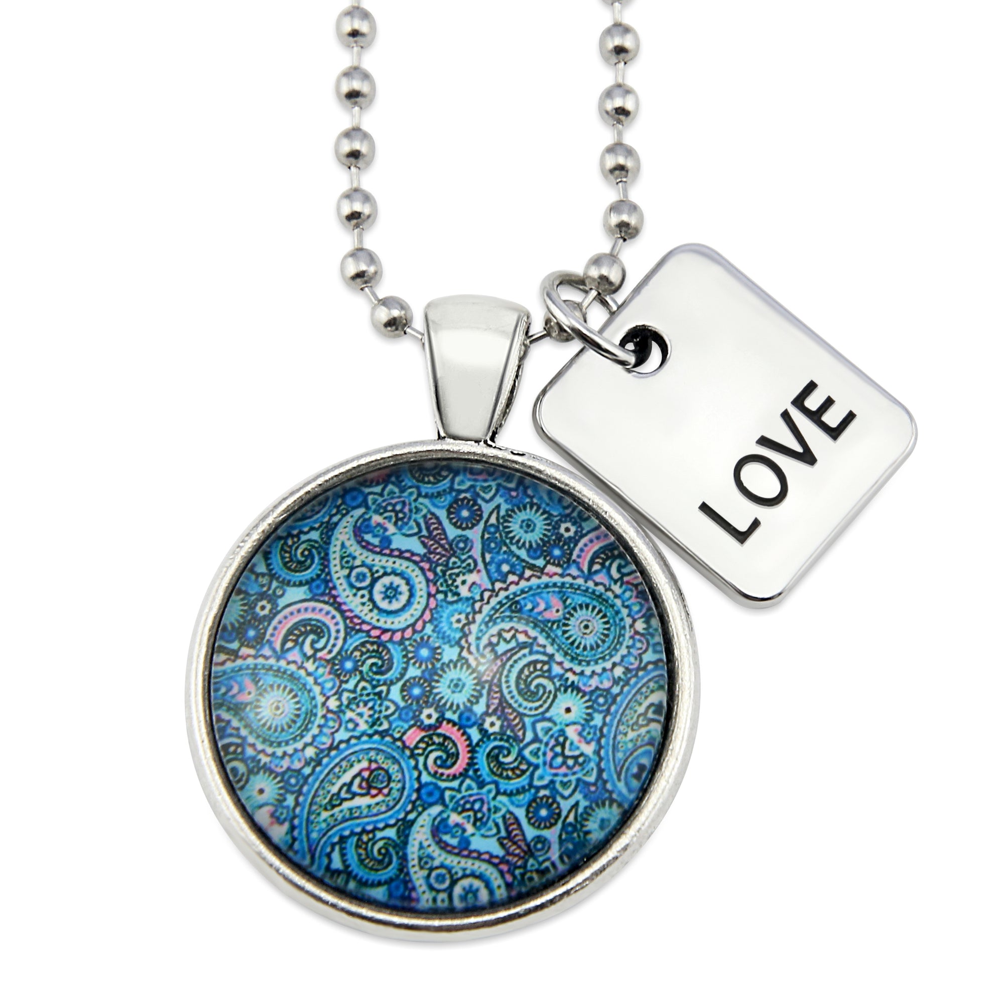 Blue Collection - Vintage Silver 'LOVE' Necklace - Blue Paisley (10762)