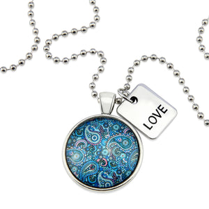 Blue Collection - Vintage Silver 'LOVE' Necklace - Blue Paisley (10762)