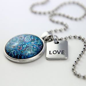 Blue Collection - Vintage Silver 'LOVE' Necklace - Blue Paisley (10762)