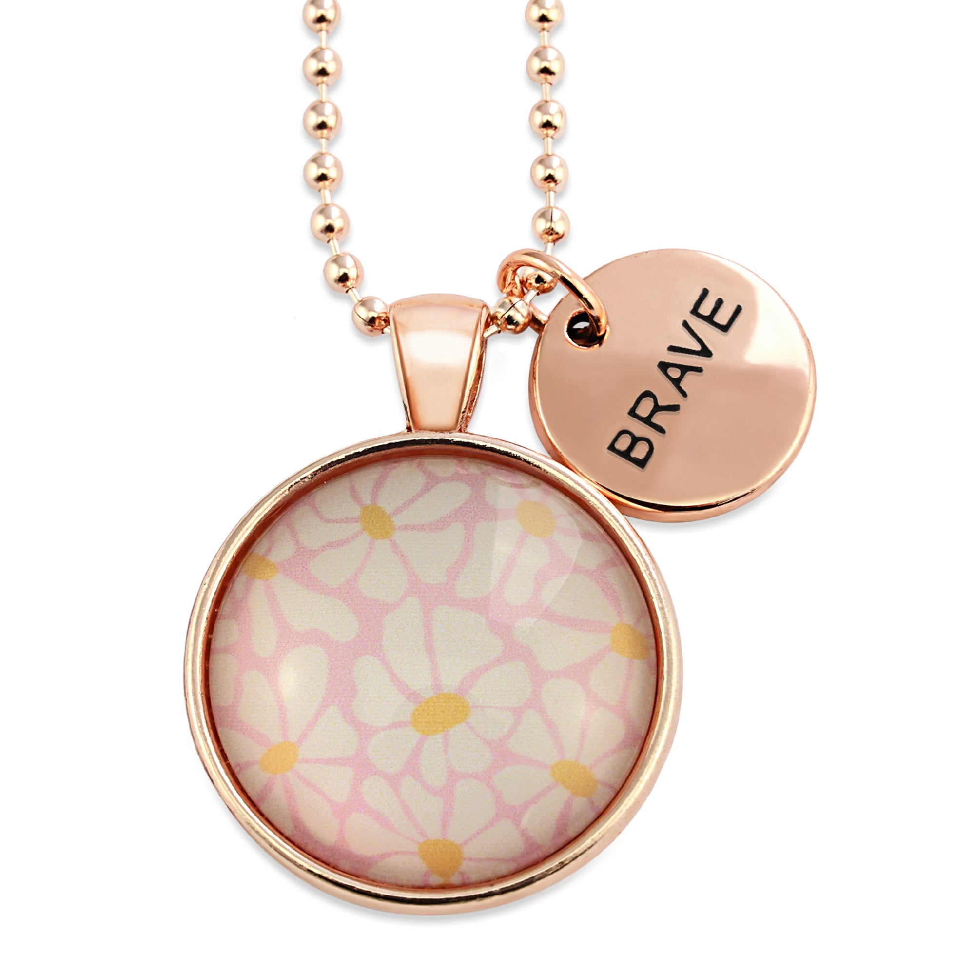 Circle pendant necklace in rose gold with 'brave' charm, floral print. Fundraiser for the national breast cancer foundation.