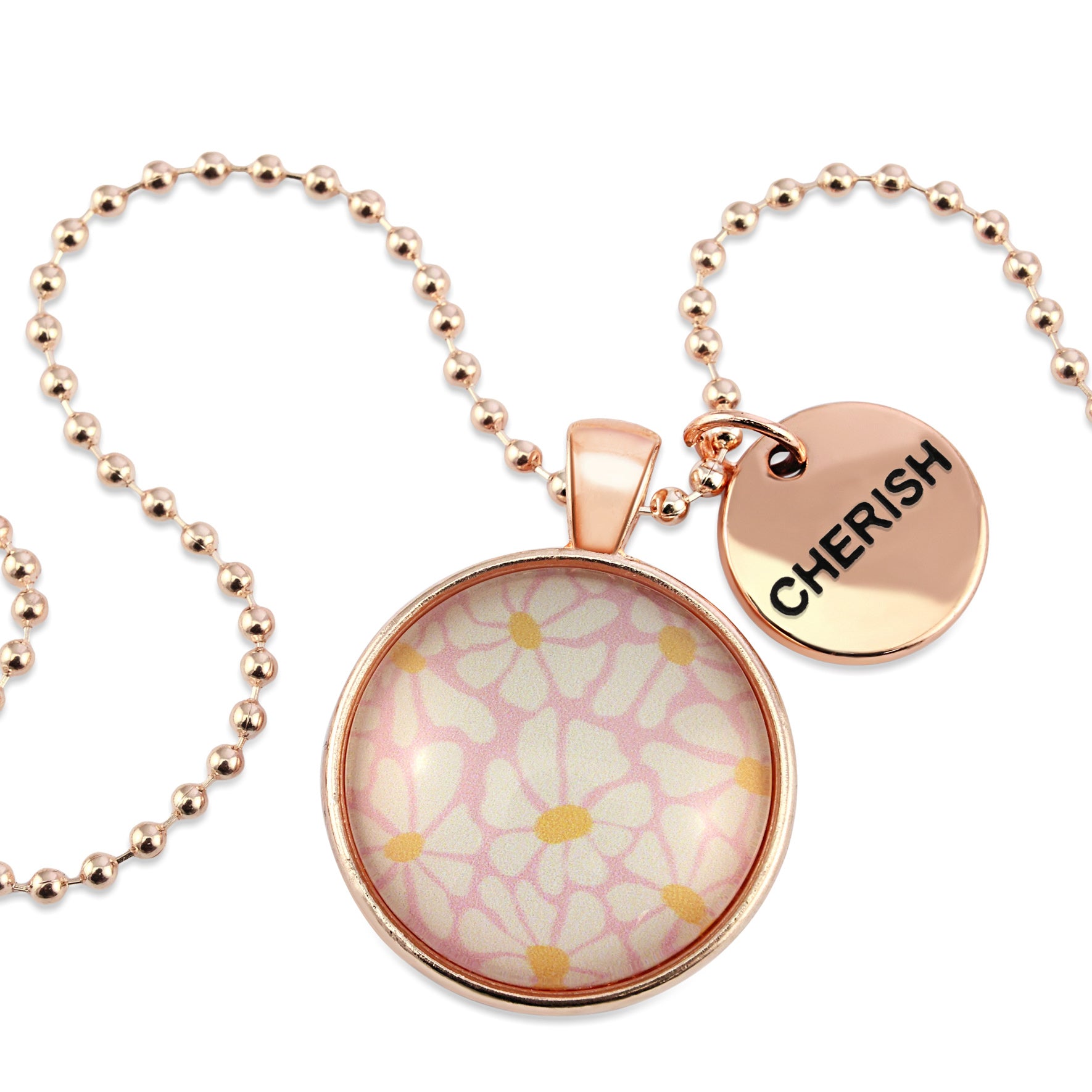 Circle pendant necklace in rose gold with 'cherish' charm, floral print. Fundraiser for the national breast cancer foundation.