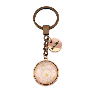 Circle pendant keychain in vintage copper with 'enough' charm, floral print. Fundraiser for the national breast cancer foundation.