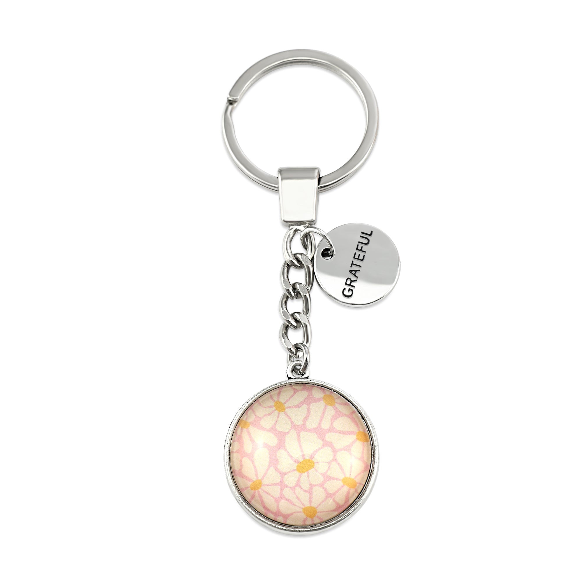 Circle pendant keychain in vintage silver with 'grateful' charm, floral print. Fundraiser for the national breast cancer foundation.