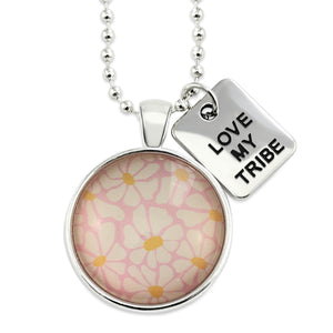 Circle pendant necklace in silver with 'love my tribe' charm, floral print. Fundraiser for the national breast cancer foundation.