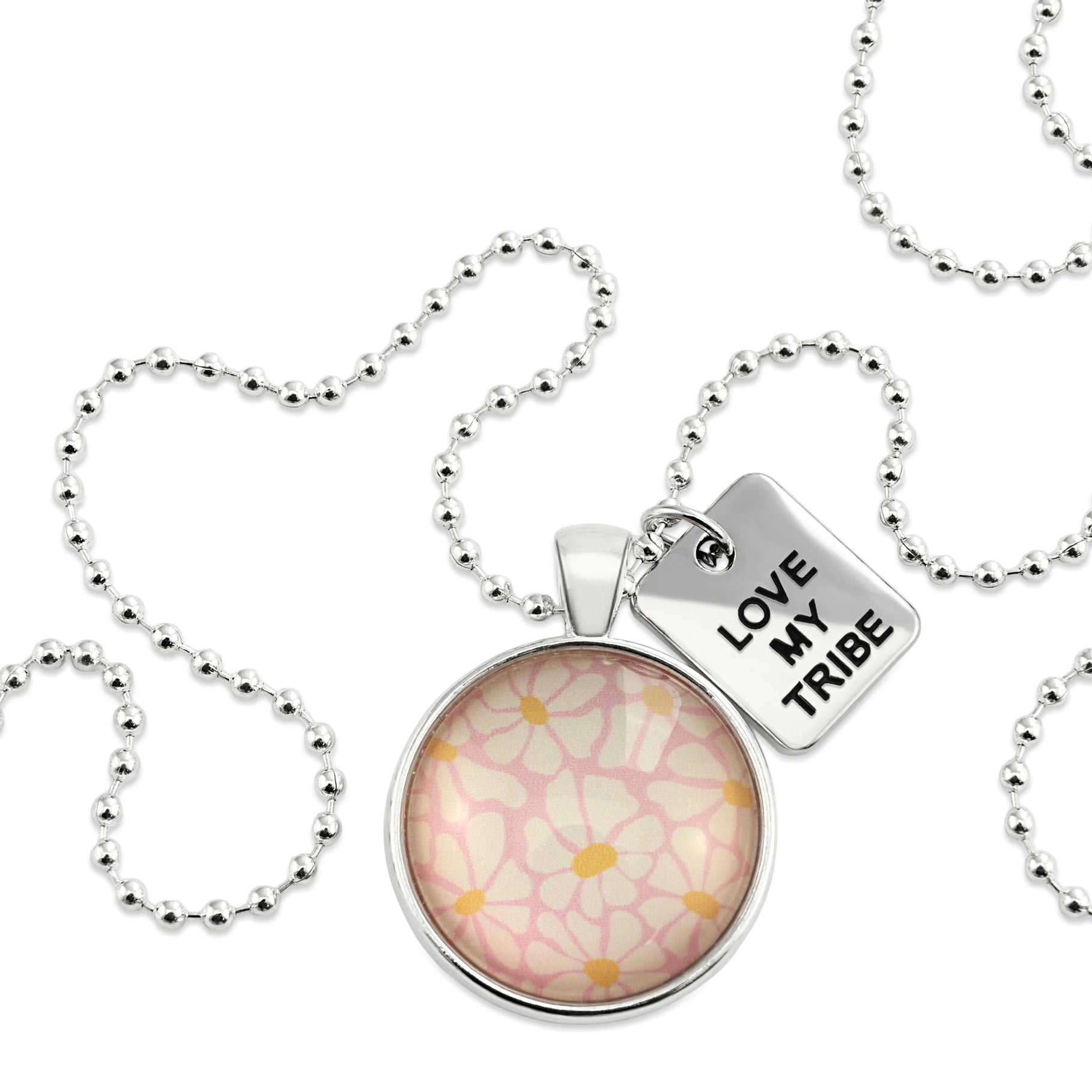 Circle pendant necklace in silver with 'love my tribe' charm, floral print. Fundraiser for the national breast cancer foundation.