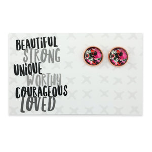 Pink floral print earring stud 12 mm with rose gold surround.  Fundraising for national breast cancer foundation. 