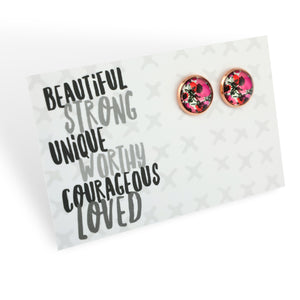 Pink floral print earring stud 12 mm with rose gold surround.  Fundraising for national breast cancer foundation. 