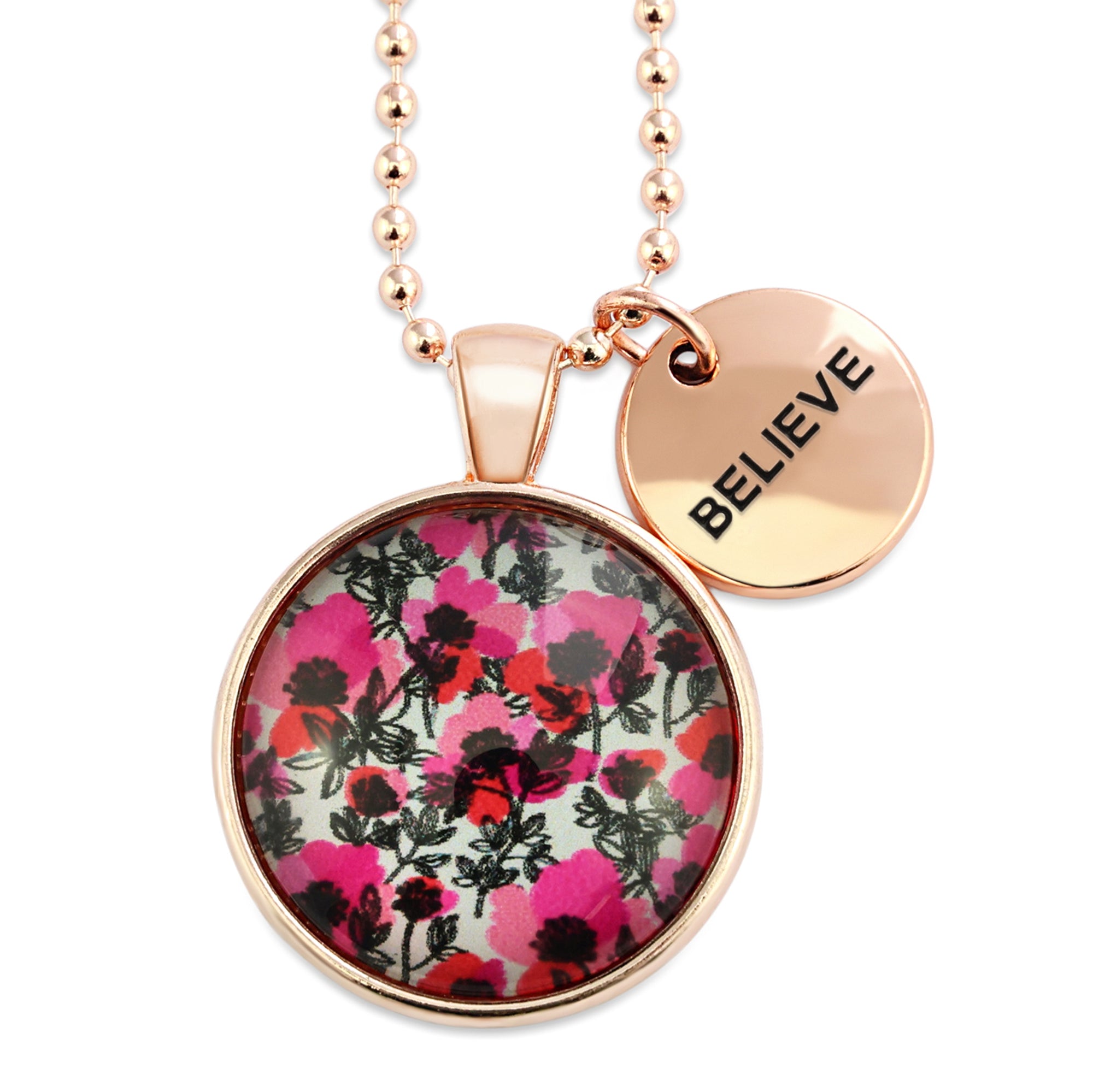 Pink print rose gold circle pendant necklace with ball chain and 'Believe' charm. This product is raising money for the National Breast Cancer Foundation. 