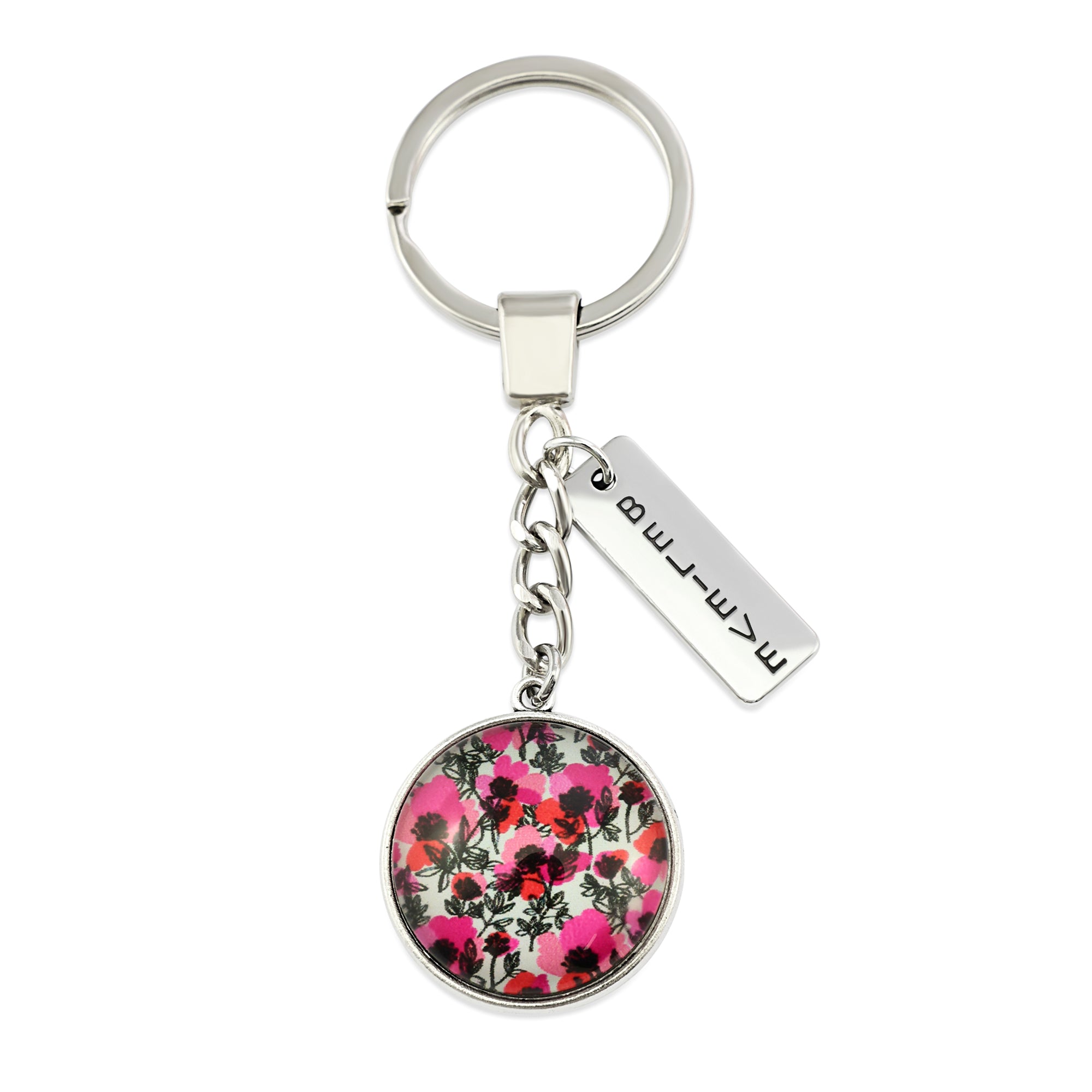 Pink print silver keychain circle pendant 'Believe' charm. This product is raising money for the National Breast Cancer Foundation. 