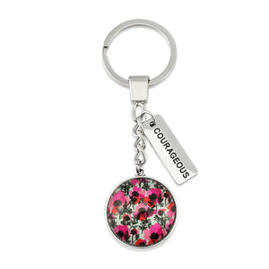 Pink print silver keychain circle pendant 'Courageous' charm. This product is raising money for the National Breast Cancer Foundation.