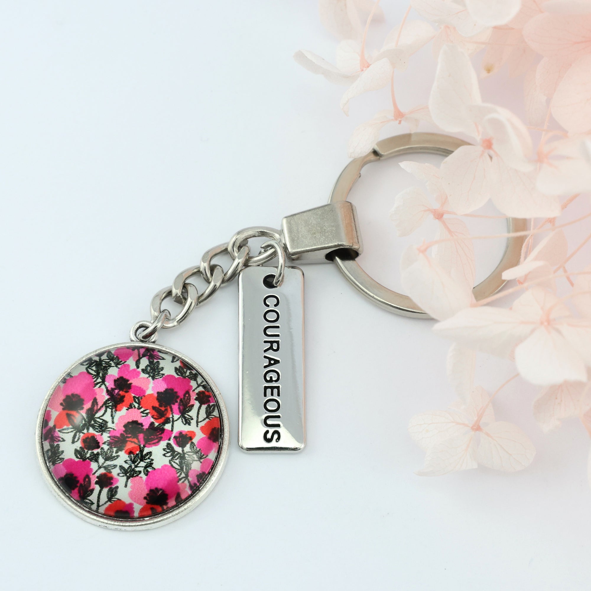 Pink print silver keychain circle pendant 'Courageous' charm. This product is raising money for the National Breast Cancer Foundation.