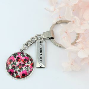 Pink print silver keychain circle pendant 'Courageous' charm. This product is raising money for the National Breast Cancer Foundation. 