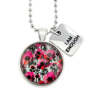 Pink print silver circle pendant necklace with ball chain and 'I Am Enough' charm. This product is raising money for the National Breast Cancer Foundation. 