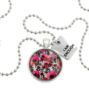 Pink print silver circle pendant necklace with ball chain and 'I Am Enough' charm. This product is raising money for the National Breast Cancer Foundation. 