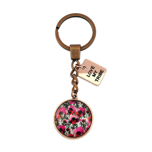 Pink print vintage copper red keychain circle pendant 'Love My Tribe' charm. This product is raising money for the National Breast Cancer Foundation. 