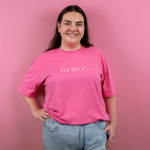 BRAVE - Plus Size Long Boxy Tee - Pop Pink with Pink Print