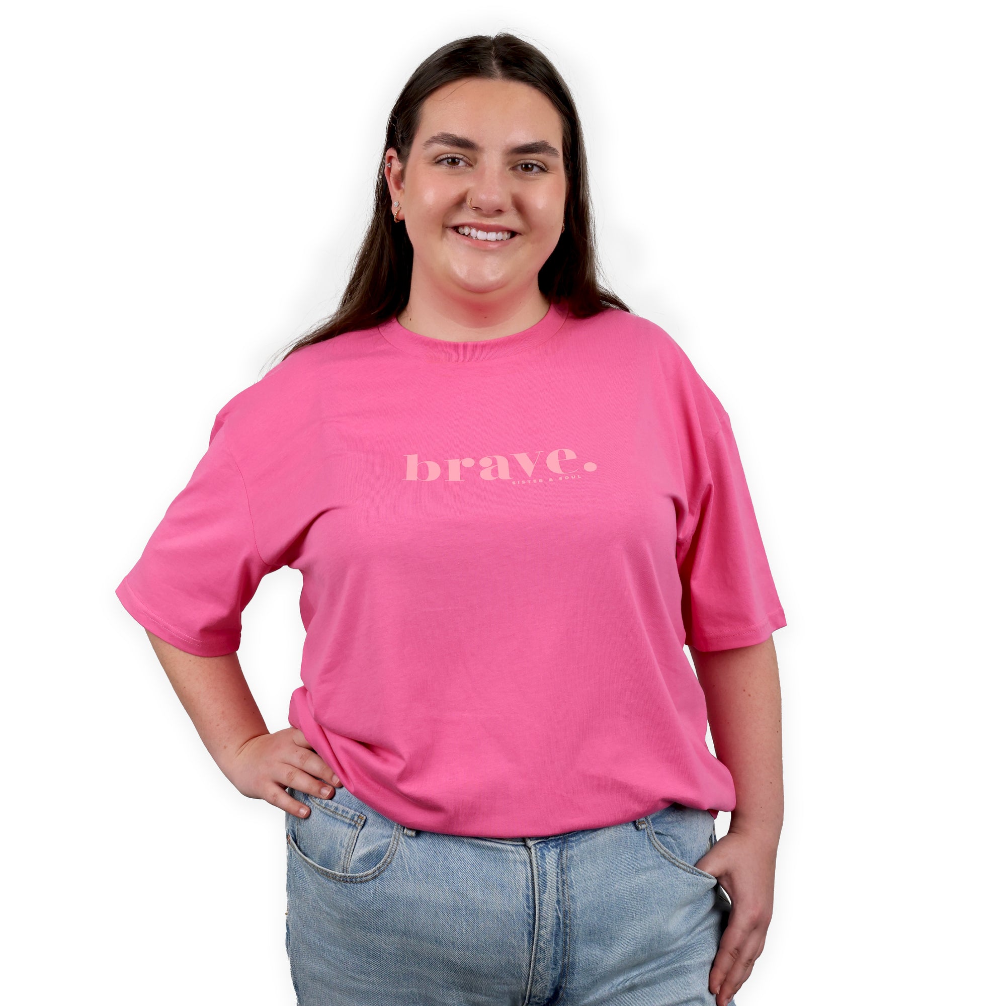 BRAVE - Plus Size Long Boxy Tee - Pop Pink with Pink Print