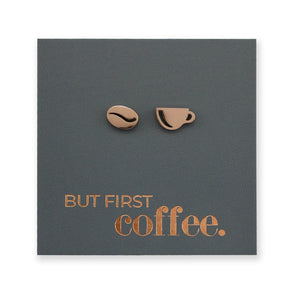 Stainless Steel Earring Studs - But First Coffee - COFFEE CUP & BEAN