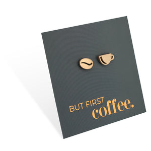 Stainless Steel Earring Studs - But First Coffee - COFFEE CUP & BEAN