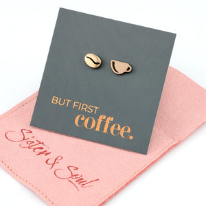 Stainless Steel Earring Studs - But First Coffee - COFFEE CUP & BEAN