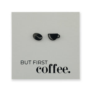 Stainless Steel Earring Studs - But First Coffee - COFFEE CUP & BEAN