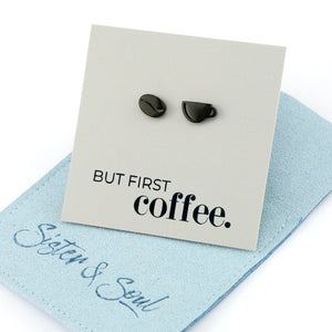 Stainless Steel Earring Studs - But First Coffee - COFFEE CUP & BEAN