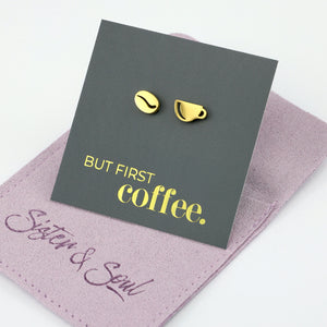 Stainless Steel Earring Studs - But First Coffee - COFFEE CUP & BEAN