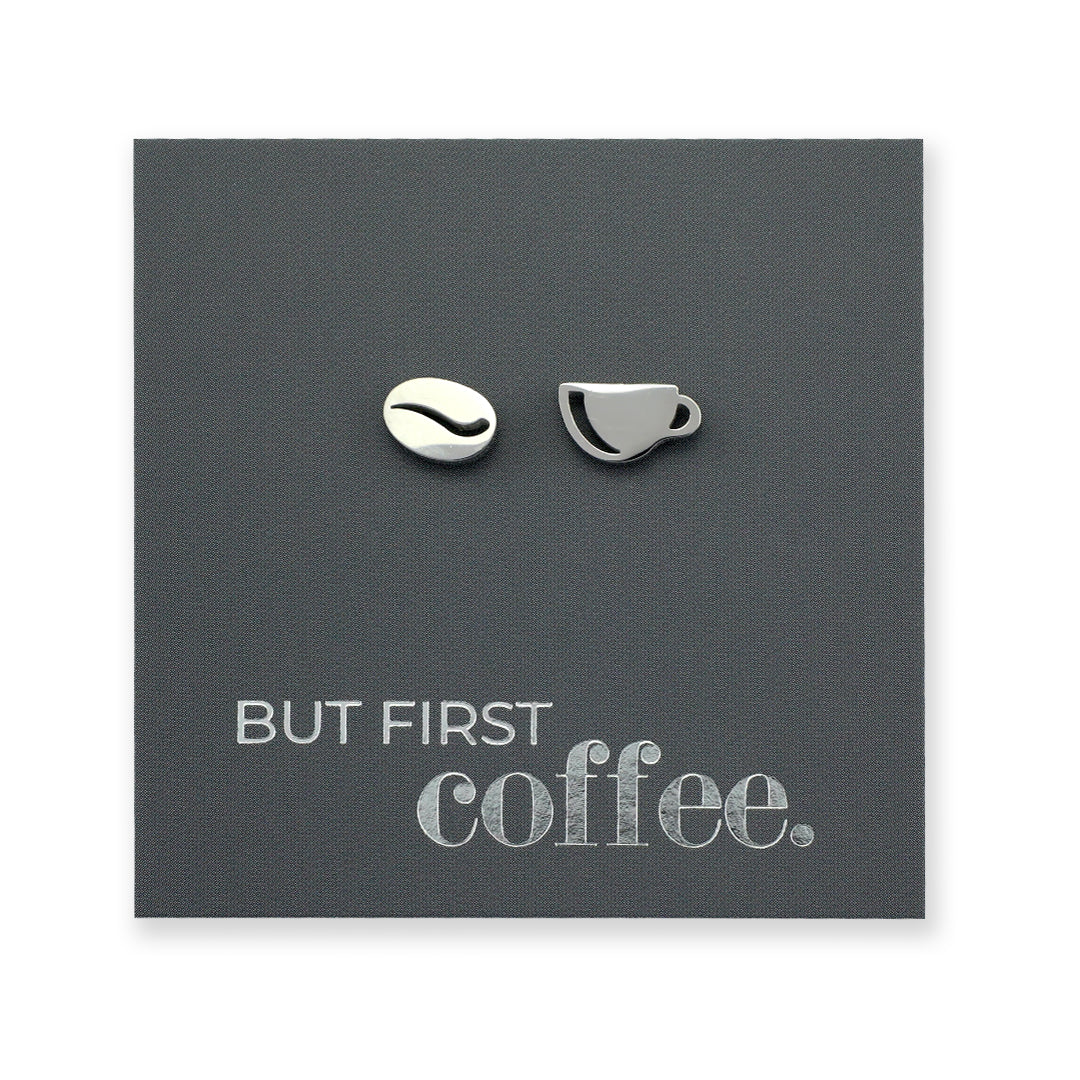 Stainless Steel Earring Studs - But First Coffee - COFFEE CUP & BEAN