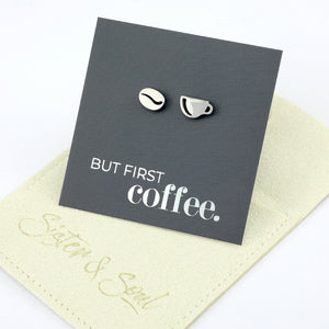 Stainless Steel Earring Studs - But First Coffee - COFFEE CUP & BEAN