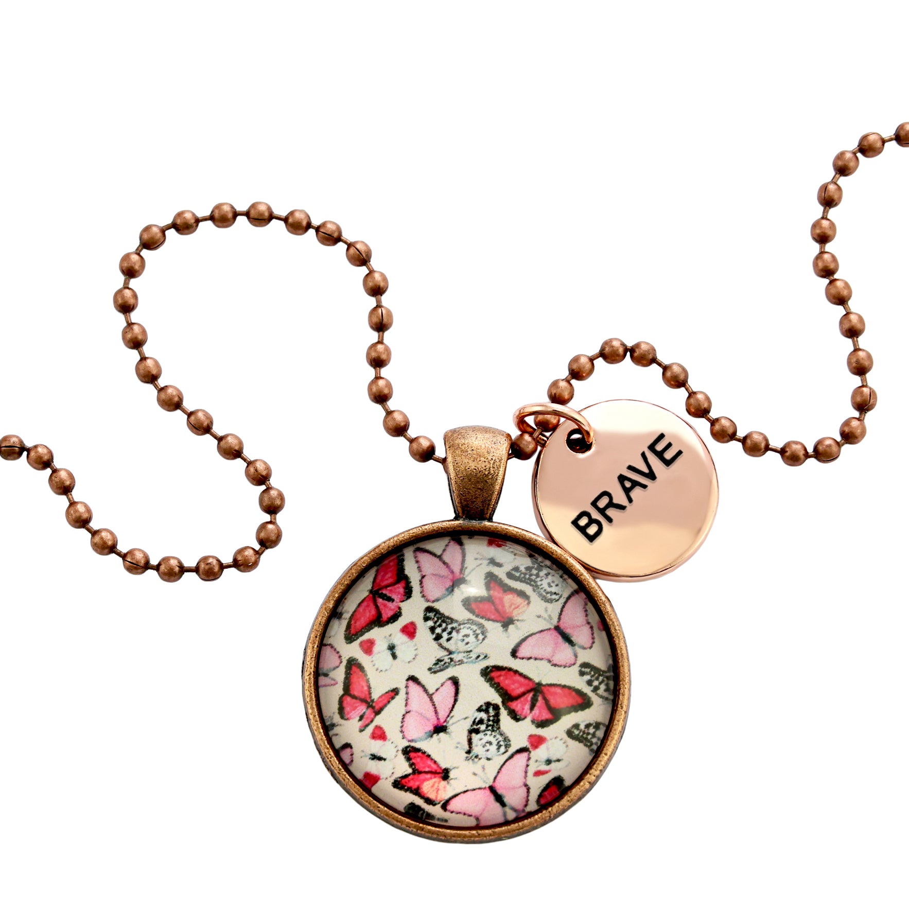 Pink floral print circle vintage red copper pendant necklace with ball chain with rose gold circle shape 'brave' charm. Fundraising product for the National Breast Cancer Foundation. 